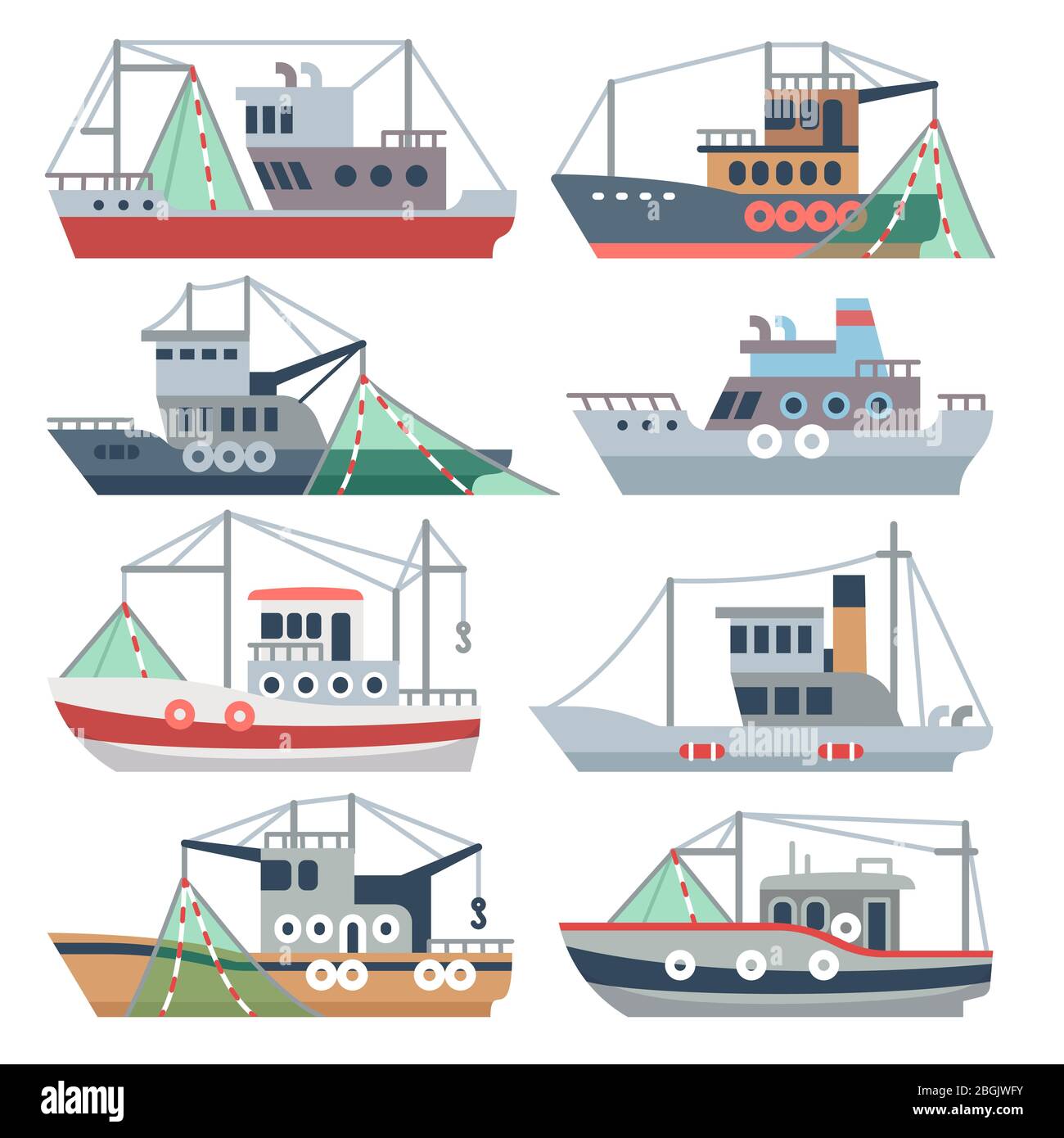 Fishing ocean boats. Commercial fisherman ships isolated vector set. Nautical fishing vessel, shipping sea fish illustration Stock Vector