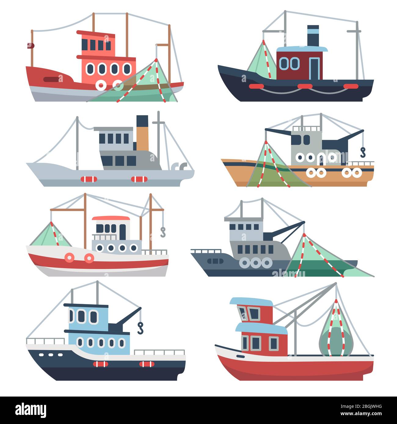 Fishing ocean boats. Commercial trawlers, fisherman ships sea and river vessels isolated vector set. Illustration of catch fish, nautical transport industry Stock Vector