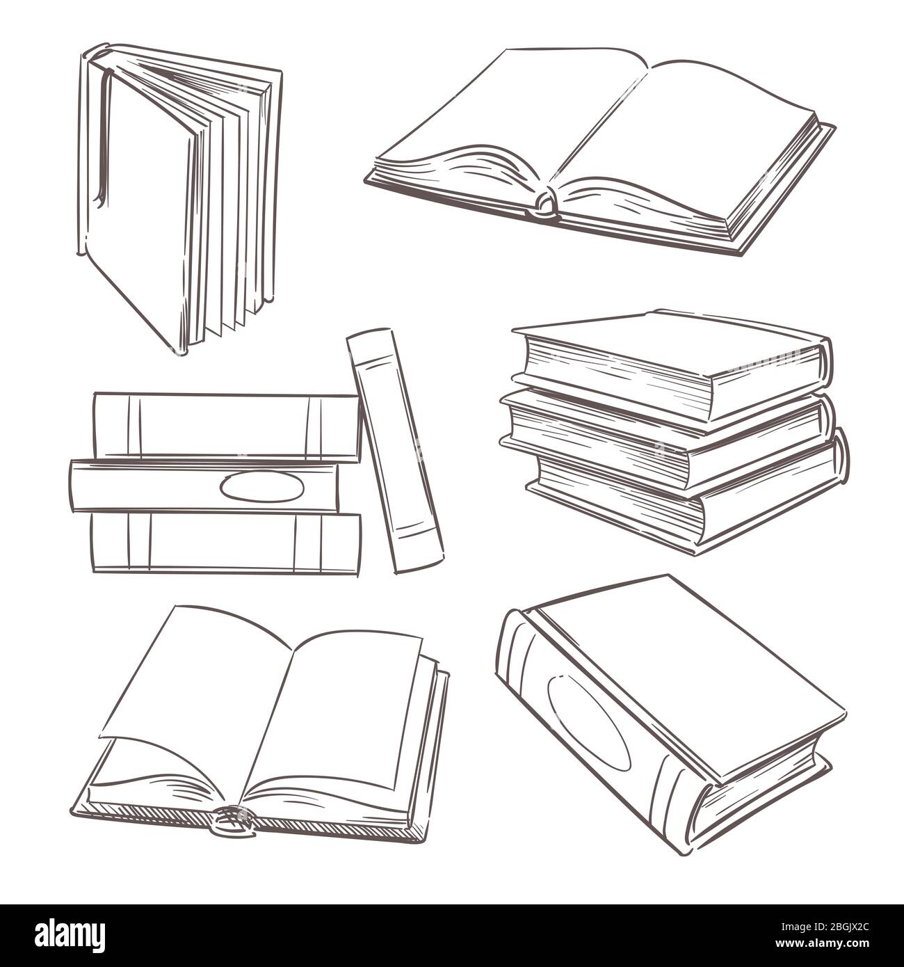 Hand drawn books, paper magazine and school textbooks. Sketch book piles. Doodle bookshop and education vector retro set isolated. Illustration of book sketch, textbook for education Stock Vector
