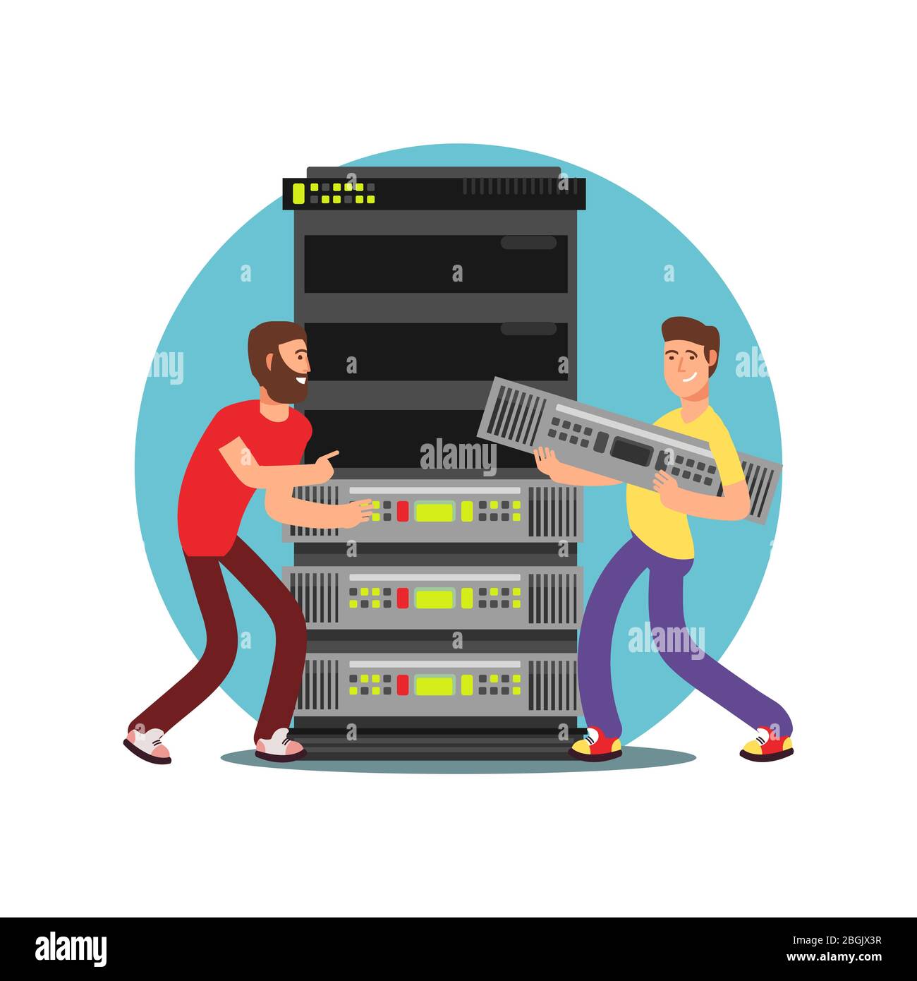 Two male server administrators working with data base. IT flat vector illustration Stock Vector