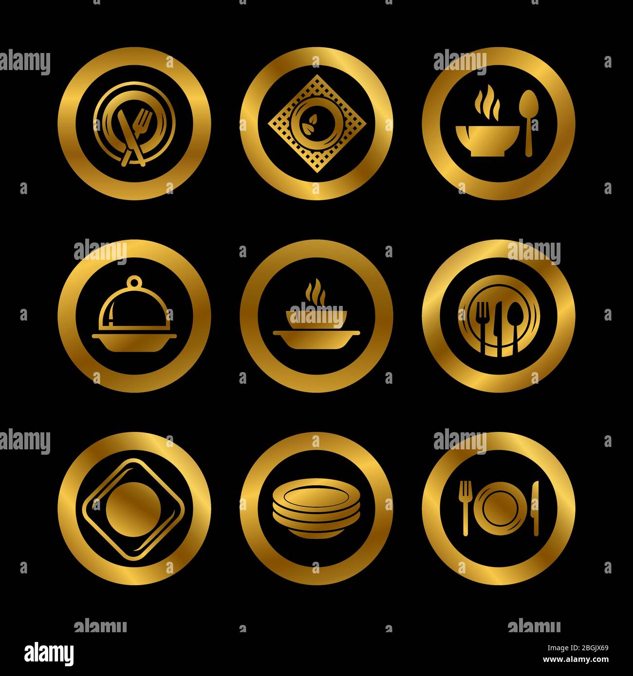 Kitchen plates and cutlery golden silhouette icons isolated on black. Restaurant vector symbols isolated illustration Stock Vector