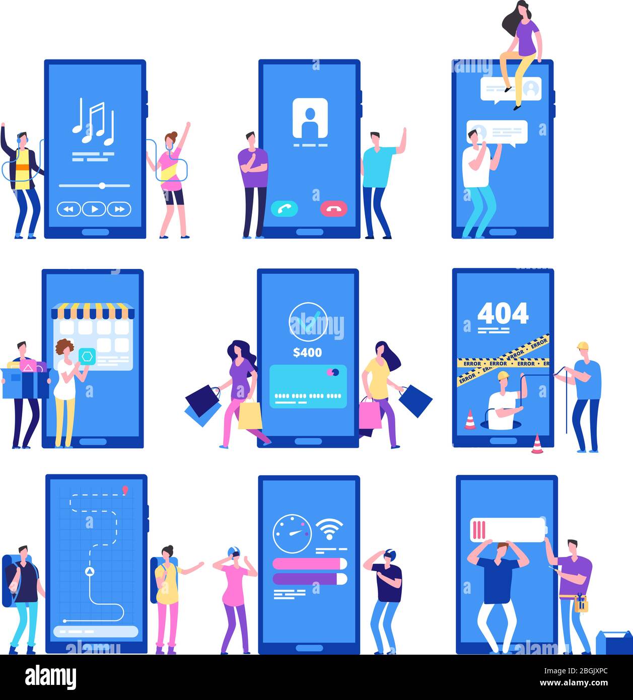Phone app and people. Small flat characters interact with smartphone application vector set. Illustration of app mobile, using interface, location and tracker, music and call Stock Vector