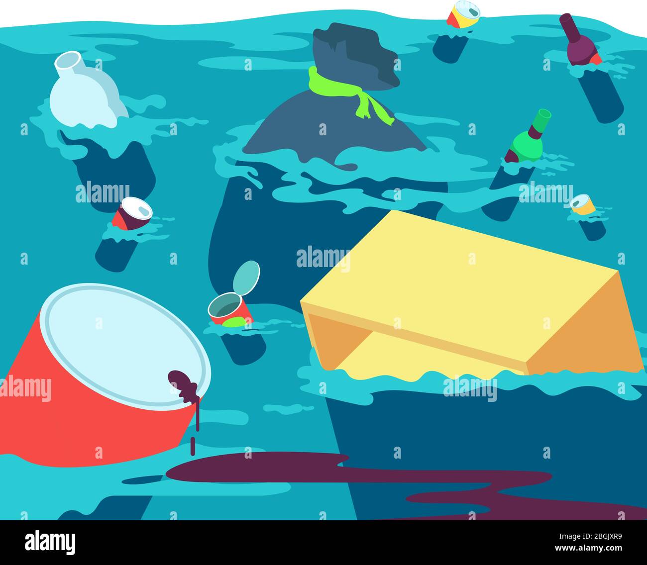 Polluted water. Fishes dirty river with trash and plastic. Freshwater pollution vector concept. Illustration of dirty trash in water river, polluted ocean or sea Stock Vector