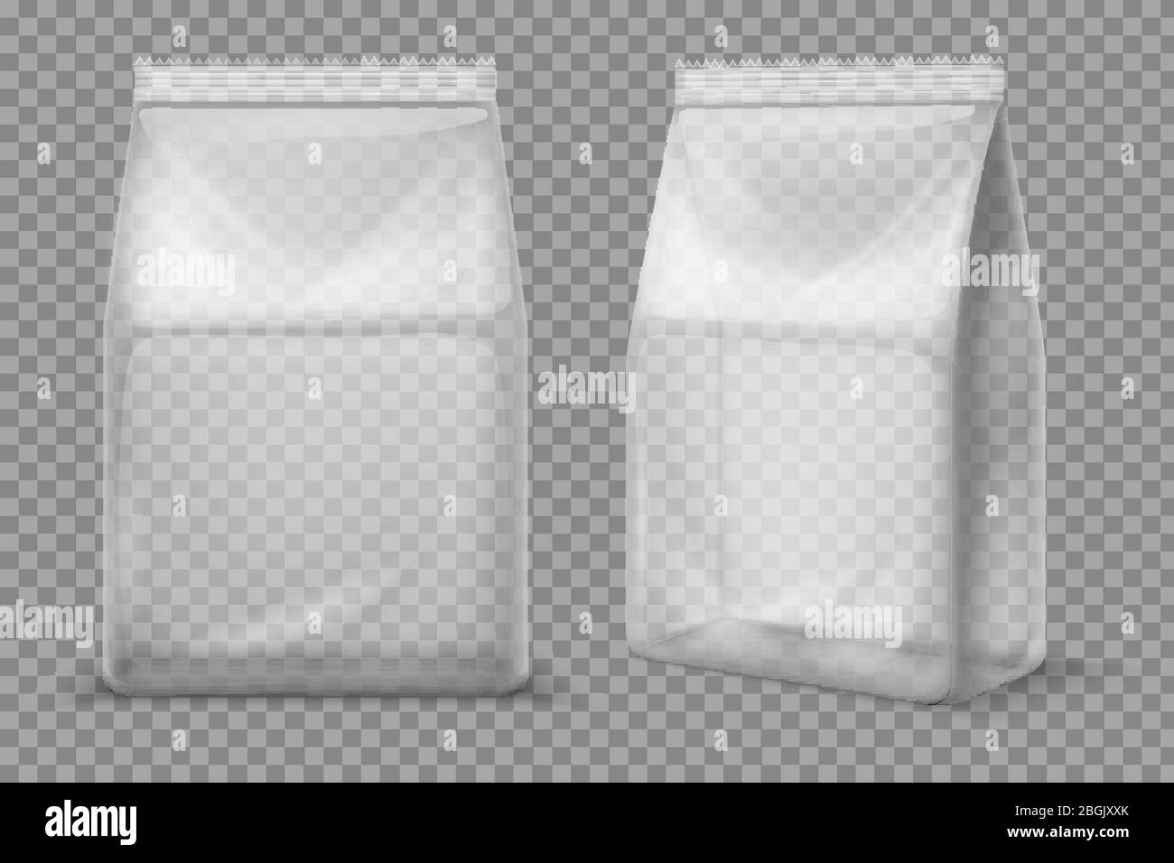 Plastic snack bag. Transparent food blank sachet. 3d vector package isolated mockup. Illustration collection of sachet bag, pack blank, plastic package for food Stock Vector