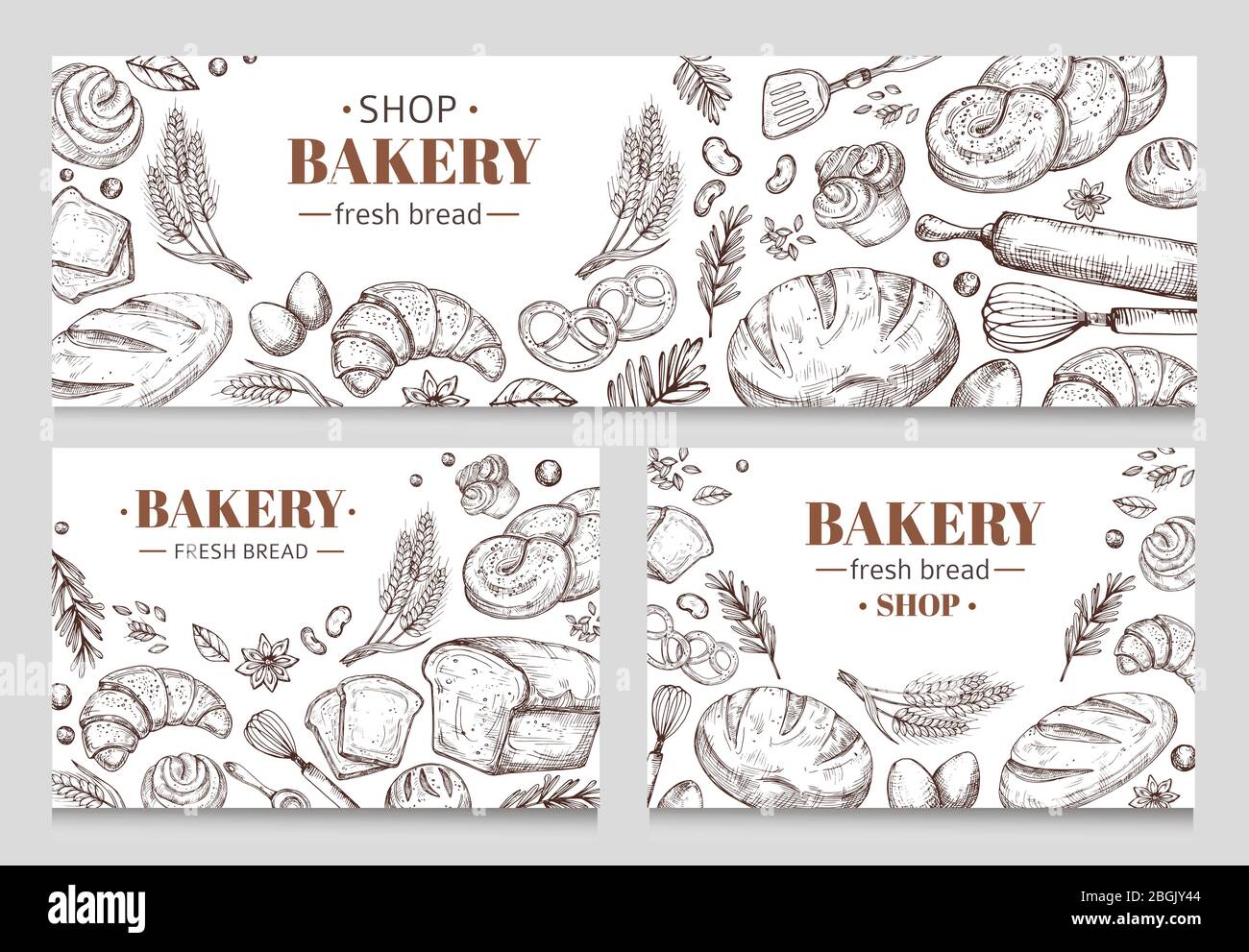 Vintage bakery banners with sketched bread vector set. Illustration of bakery card sketched, food bun for breakfast Stock Vector