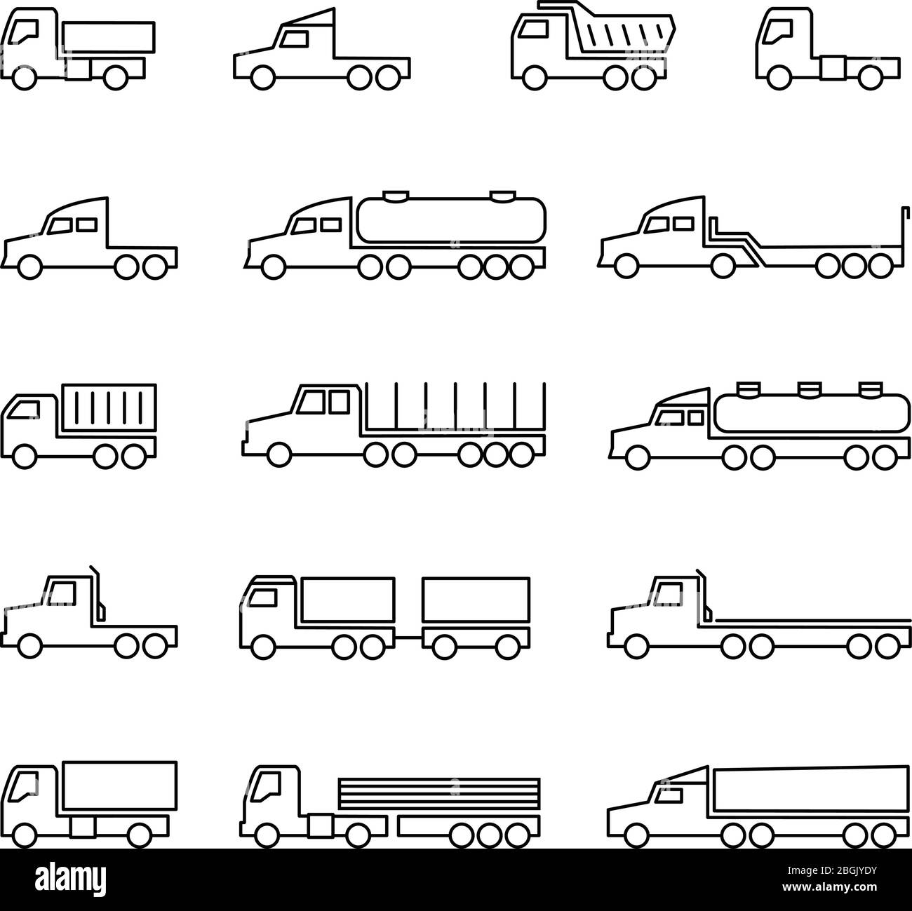 Truck line icons. Delivery trailers, cargo trukcs, dumpers and van. Transportation vector outline isolated symbols. Vehicle van, dumper lorry for cargo freight illustration Stock Vector