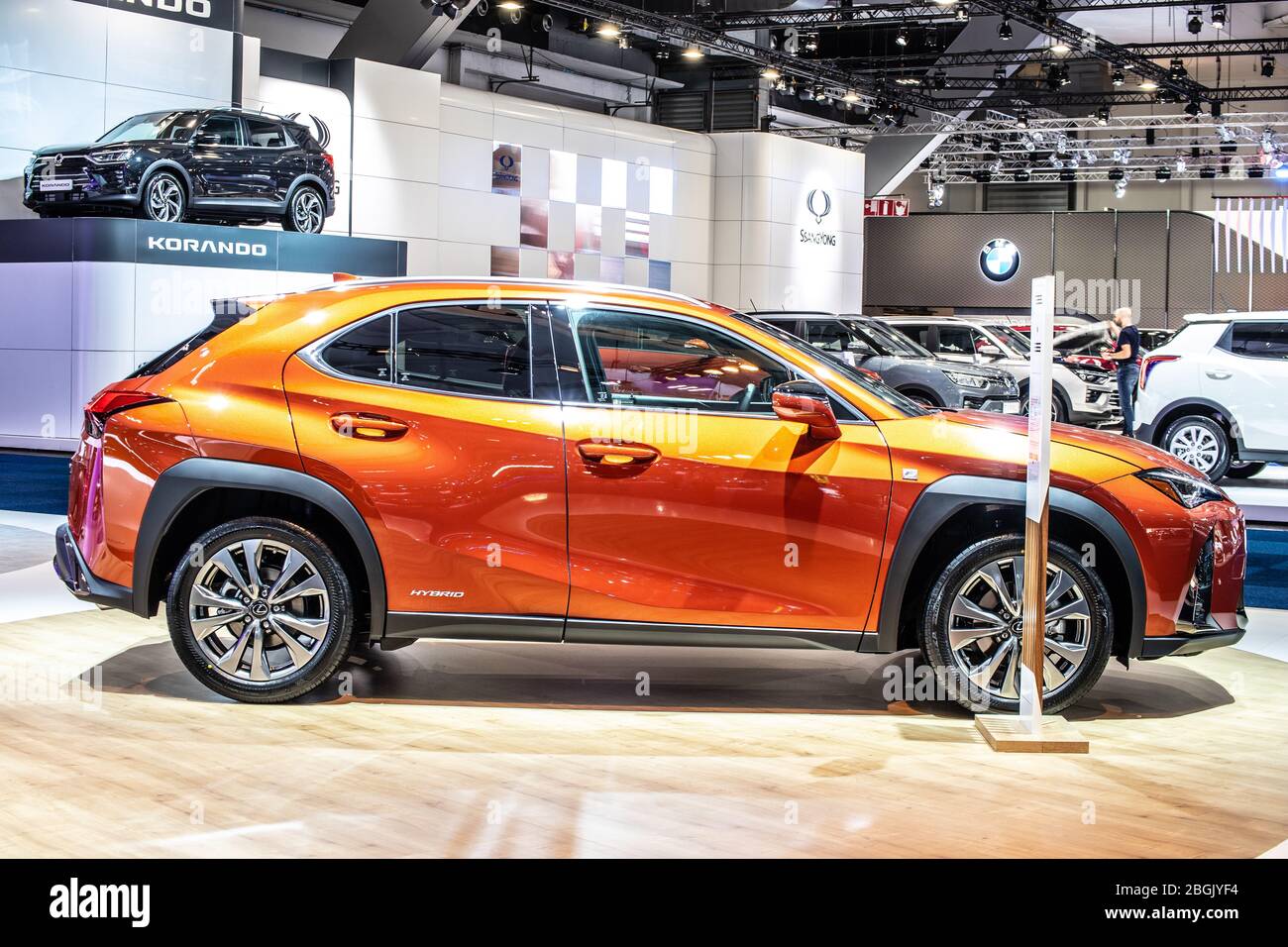 Brussels, Belgium, Jan 09, 2020: new Lexus UX 250h hybrid compact luxury Crossover at Brussels Motor Show, SUV produced by Japanese car maker Lexus Stock Photo