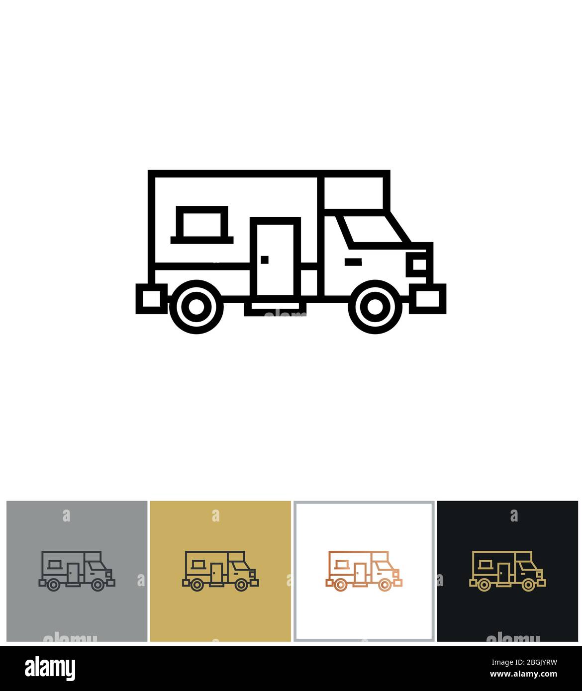 Recreational vehicle icon, motor home camper sign, family caravan vacation trailer symbol on white and black backgrounds. Vector illustration Stock Vector