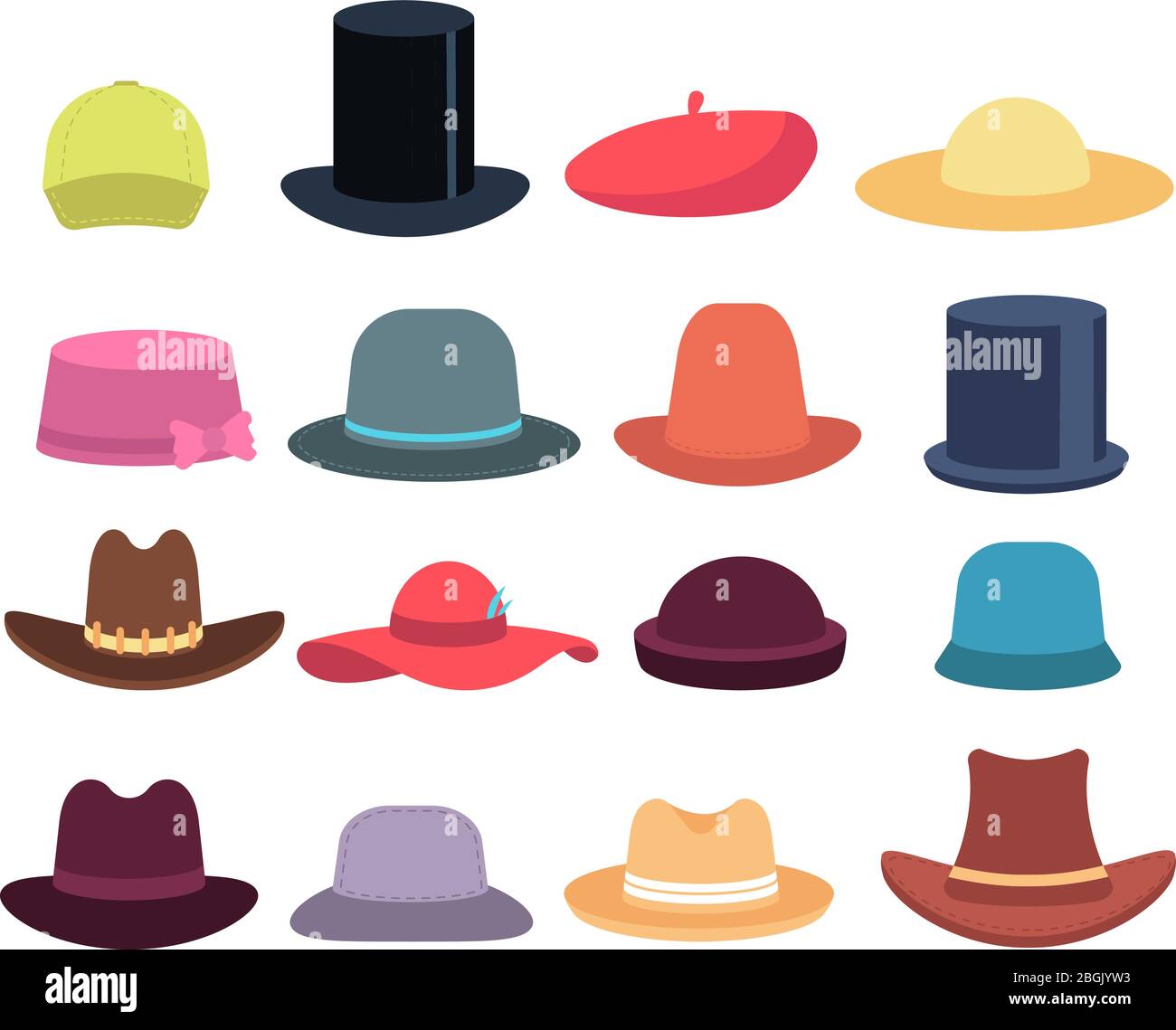 Cartoon hats. Male and female headgear. Hat and cap casual models, headdress vector isolated set. Illustration of hat and cap, fashion model accessory Stock Vector