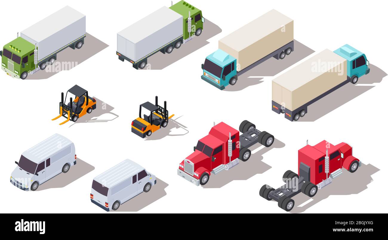 Isometric truck. Transportation trucks with container and van, lorry and loader. Vector 3d vehicles collection. Illustration transport van, isometric cargo forklift Stock Vector