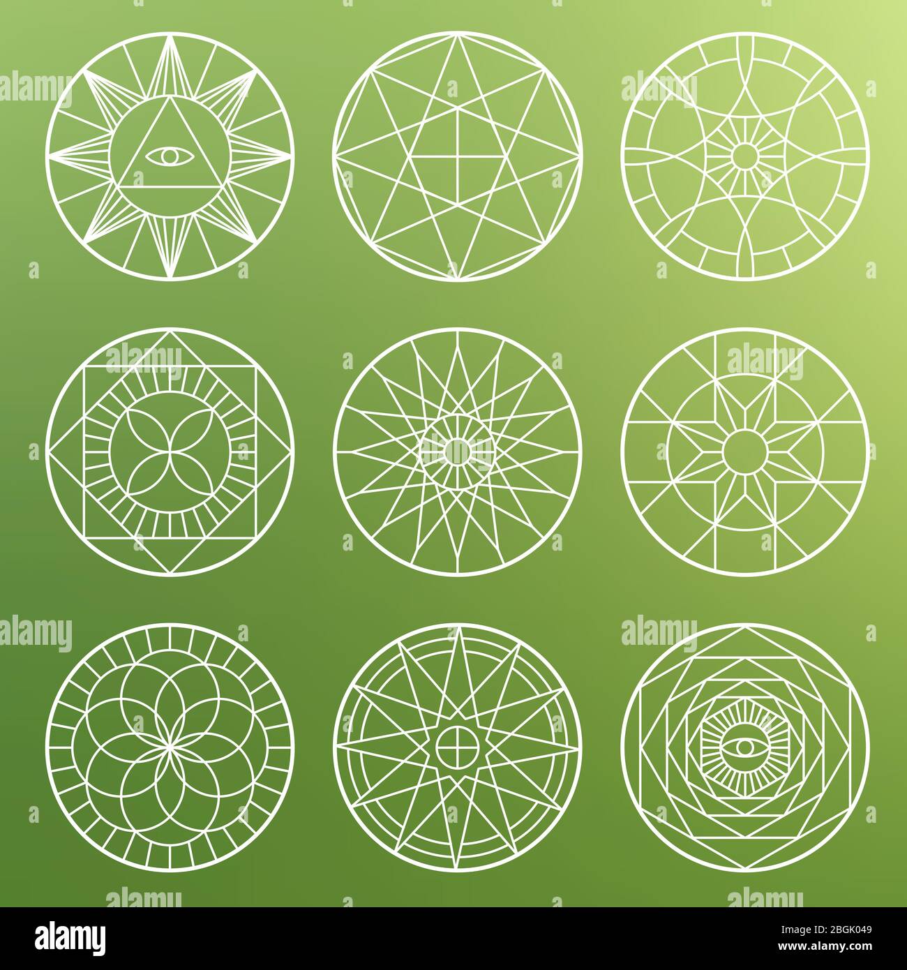 White esoteric geometric pentagrams. Spiritual sacred mystical vector symbols on blured background illustration Stock Vector