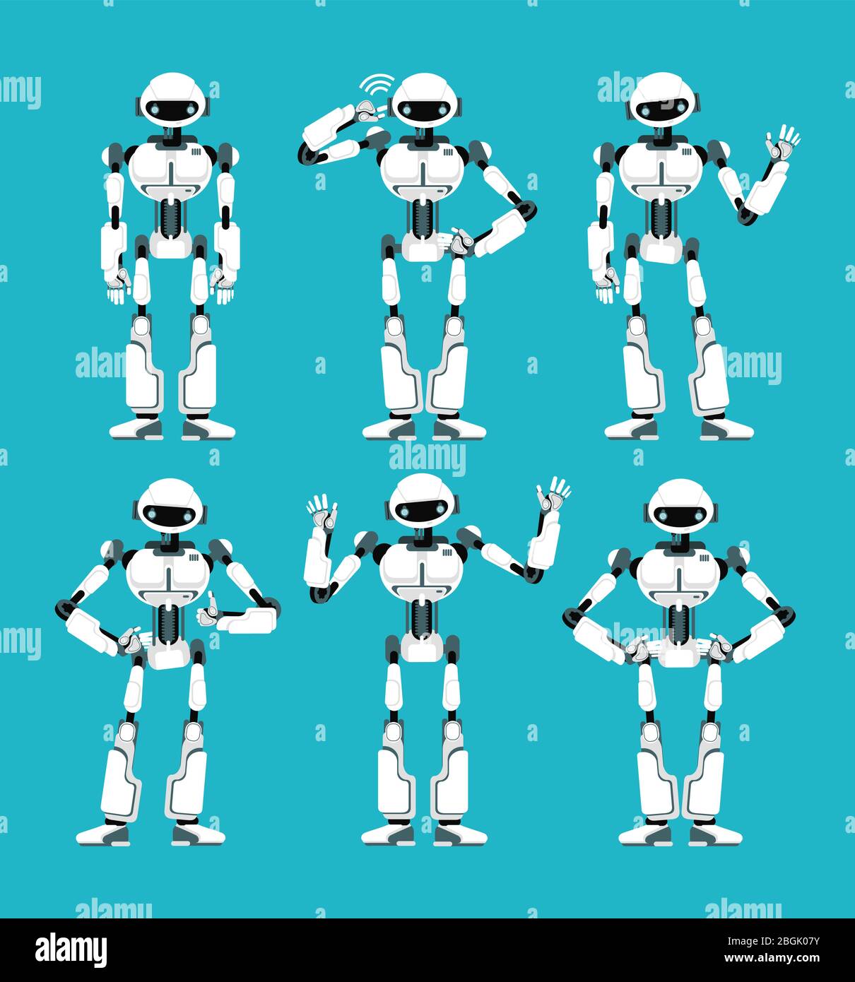 Spaceman robot android in different poses. Cute cartoon futuristic humanoid character set. Cyborg robotic machine, toy futuristic mechanical. Vector illustration Stock Vector
