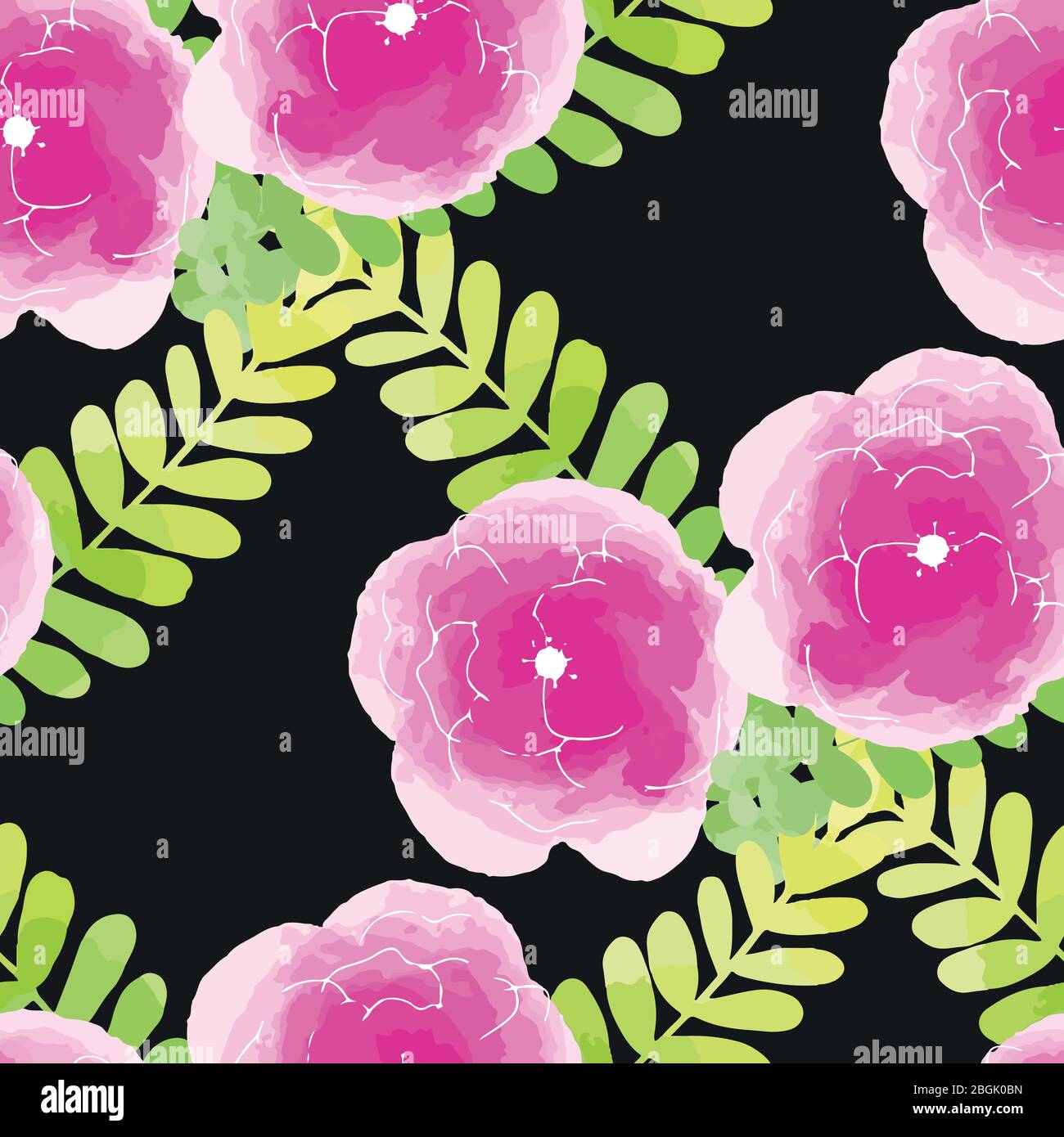 Vector illustration seamless pattern watercolor pink flowers on black ...