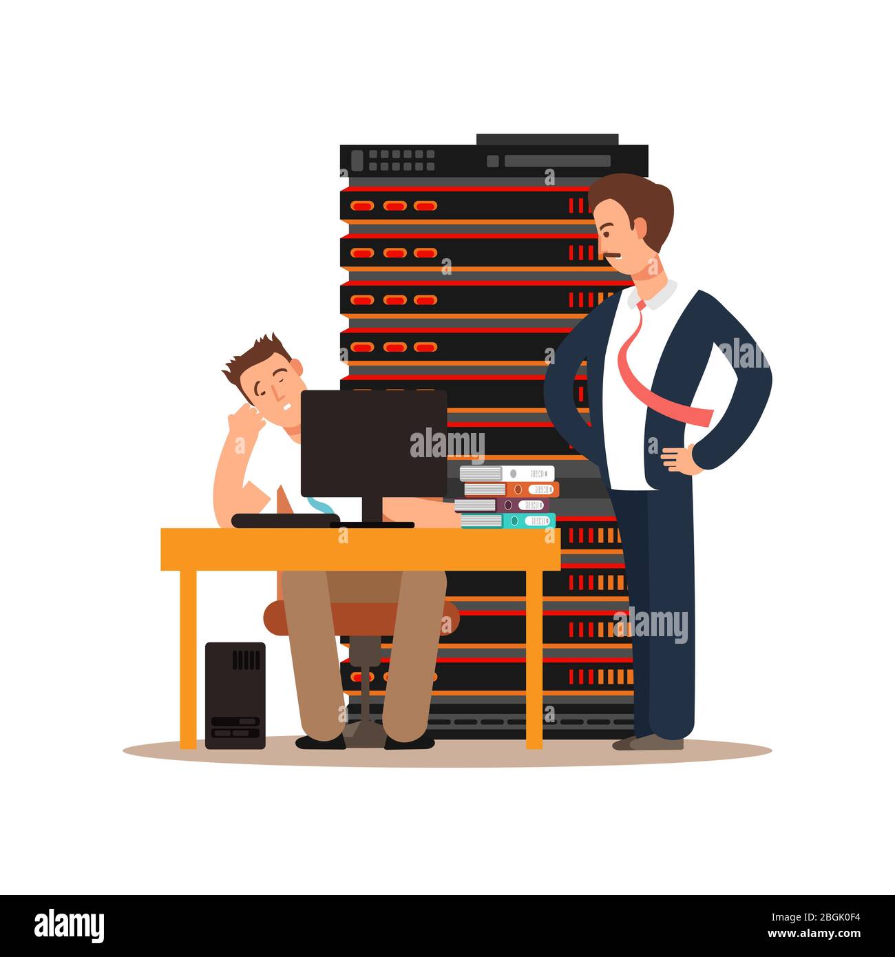 Tired server administration sleeps in workplace and angry boss stands nearby him isolated on white background. Vector illustration Stock Vector