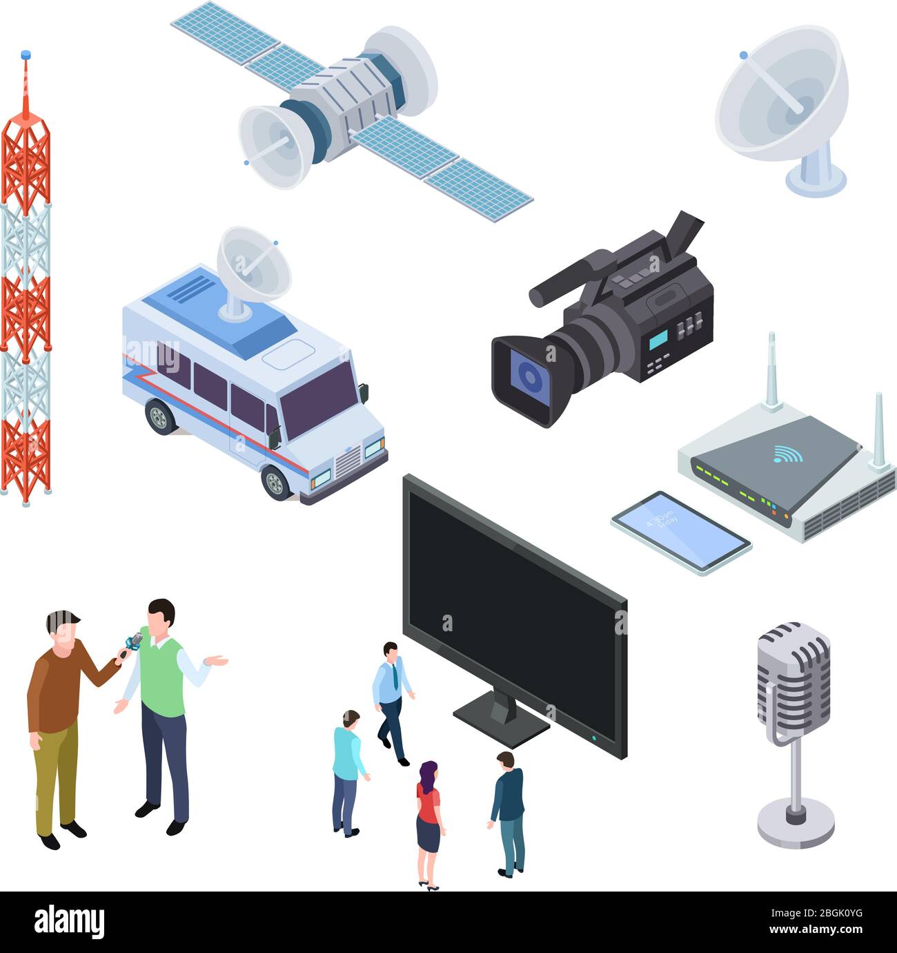 Broadcasting equipment. Television stream electronics. Tv antenna, satellite and camcorder. Telecommunications 3d isometric icons. Vector connection and broadcast television Stock Vector