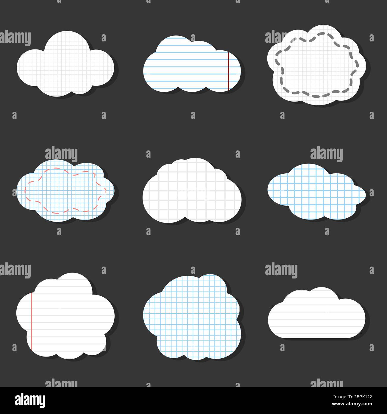 Lined cloud vector icons of set. School stickers notebook style illustration Stock Vector