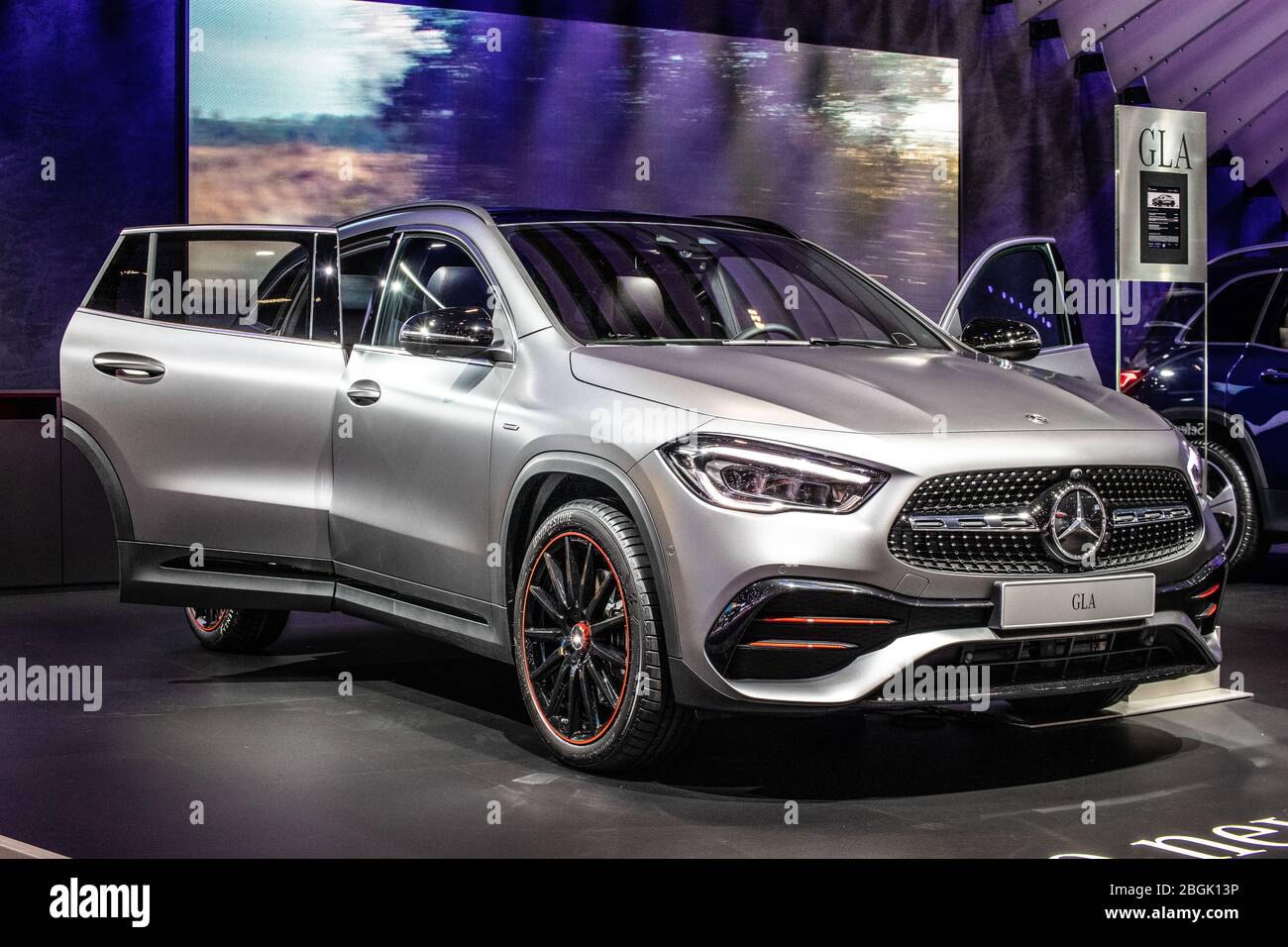 Brussels, Belgium, Jan 09, 2020 metallic silver Mercedes GLA 250 4matic at Brussels Motor Show, Second generation, H247, suv produced by Mercedes-Benz Stock Photo