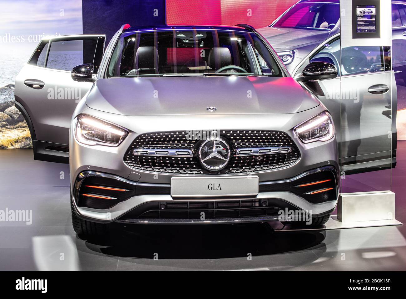 Brussels, Belgium, Jan 09, 2020 metallic silver Mercedes GLA 250 4matic at Brussels Motor Show, Second generation, H247, suv produced by Mercedes-Benz Stock Photo