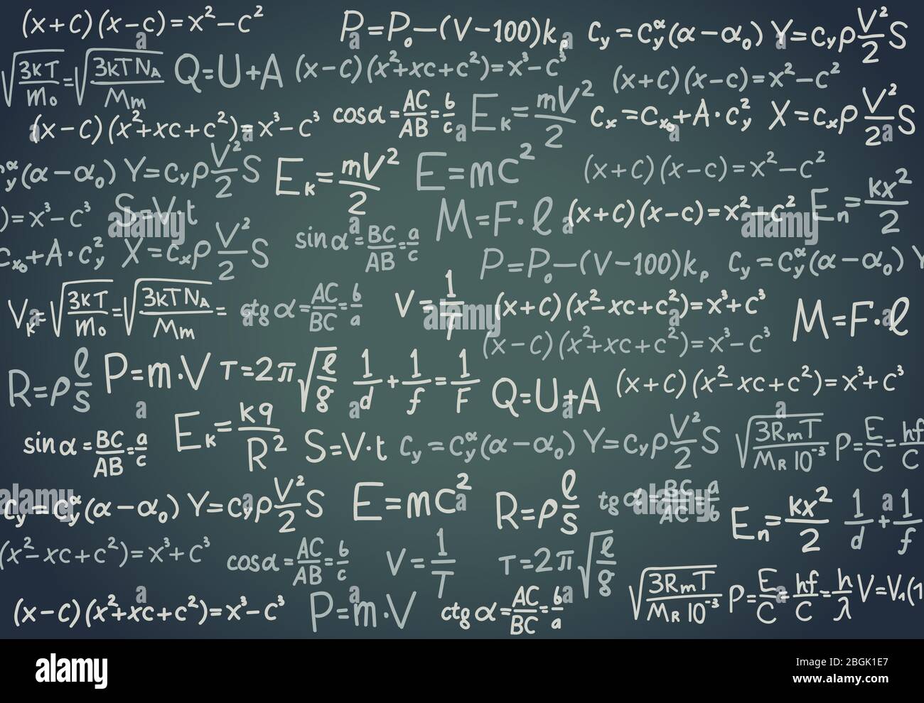 Black board with scientific formula. Algebra, mathematics and physics functions on chalkboard. School education vector background. Illustration of formula trigonometry handwriting Stock Vector