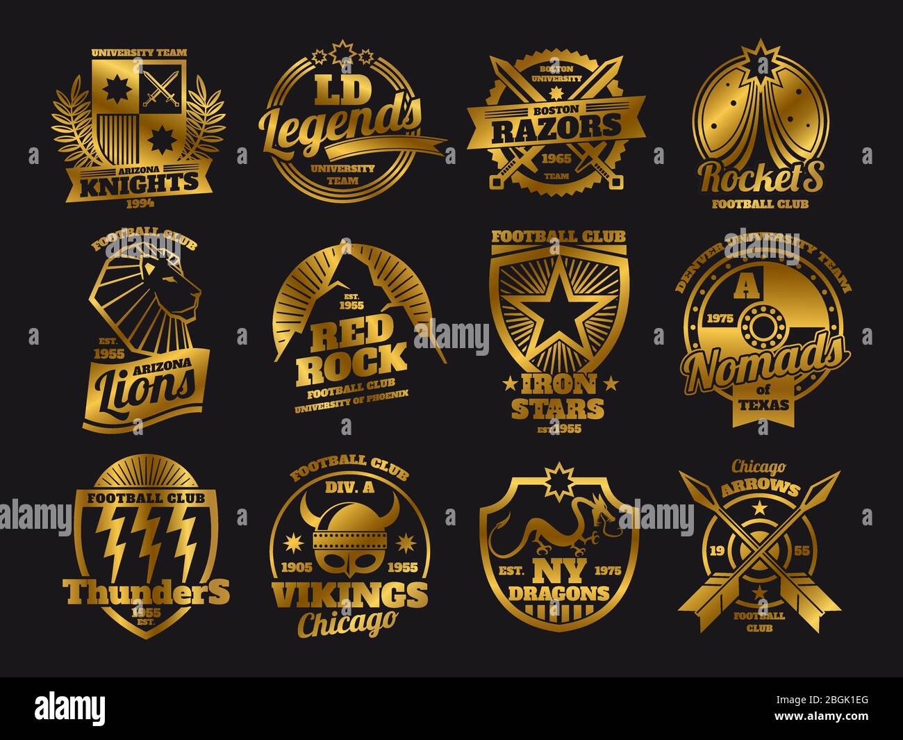 Gold school emblems, college athletic teams sports labels of collection isolated on black background. Vector illustration Stock Vector
