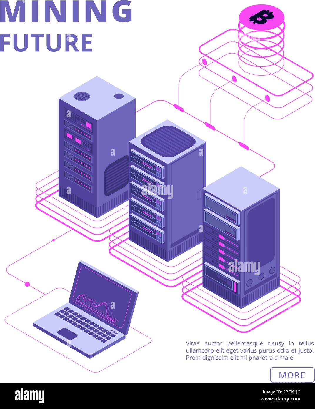 Blockchain, token trading, bitcoin and altcoin farms, crypto bank, ico vector isometric concept with business people, laptop, server. Crypto digital system equipment illustration Stock Vector
