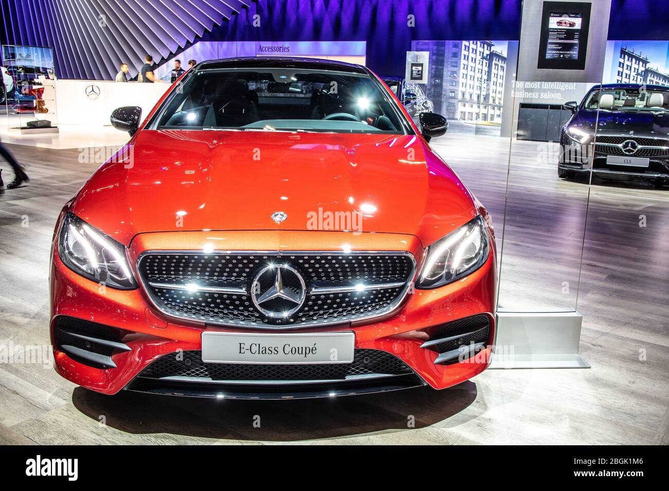 Brussels, Belgium, Jan 09, 2020: Mercedes E 200 Coupe at Brussels Motor Show, Fifth generation, C238, E-Class car produced by Mercedes-Benz Stock Photo