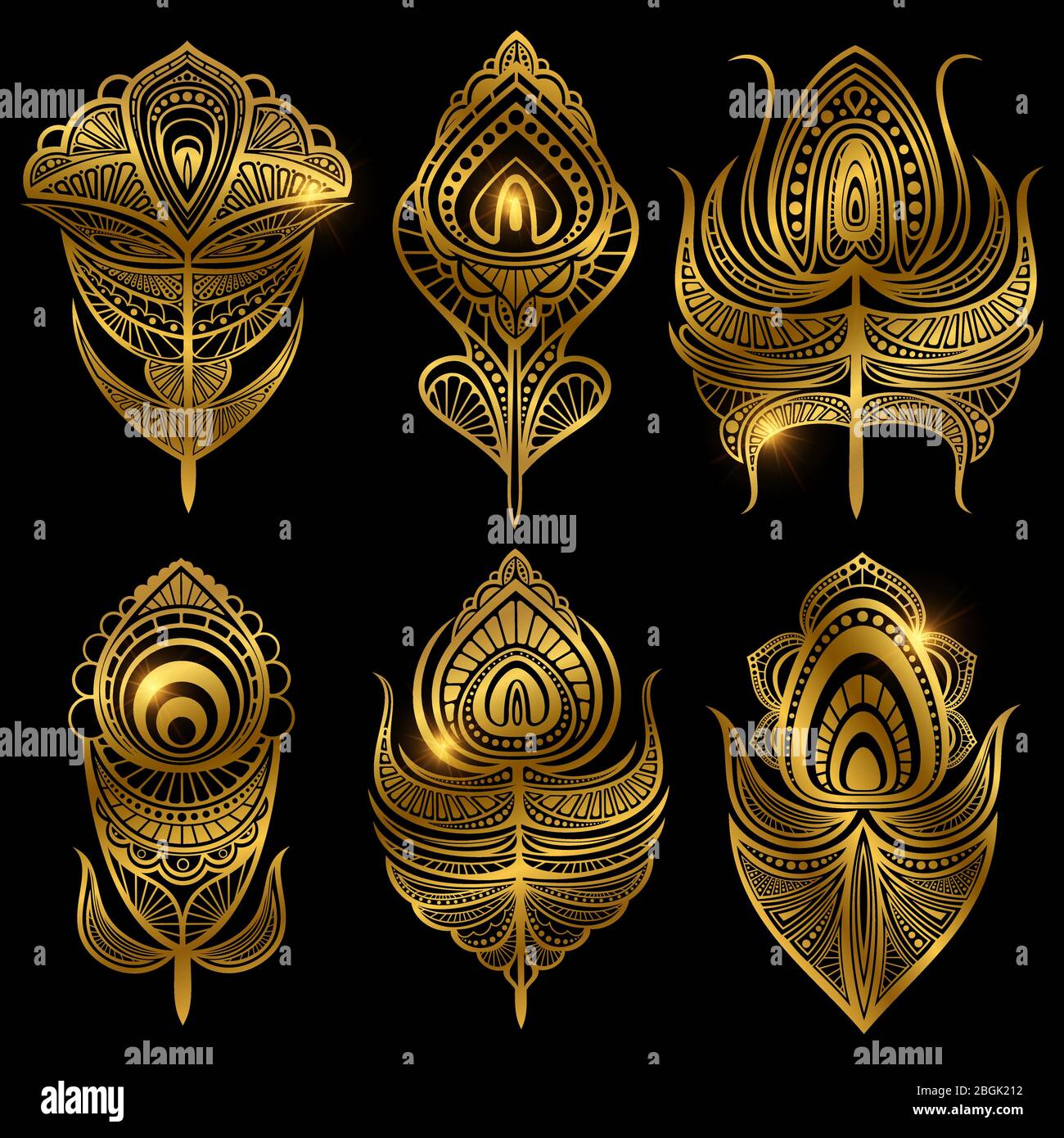 Set of golden feathers vector isolated on black background illustration Stock Vector