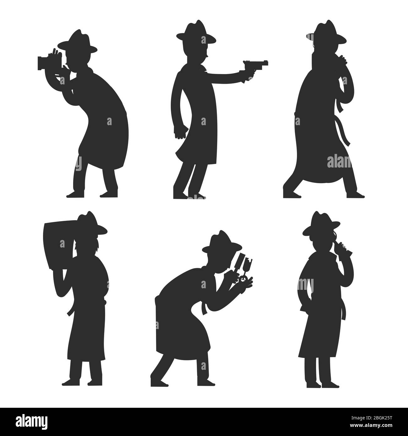 Detective silhouettes isolated on white. Policeman silhouettes vector illustration. Detective police investigator, private inspector Stock Vector