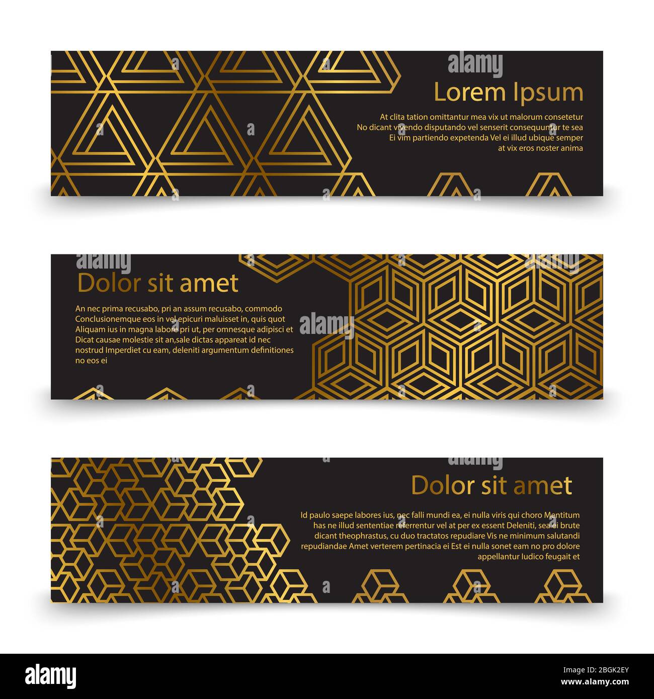Luxury horizontal banners template with golden geometric shapes. Vector illustration Stock Vector