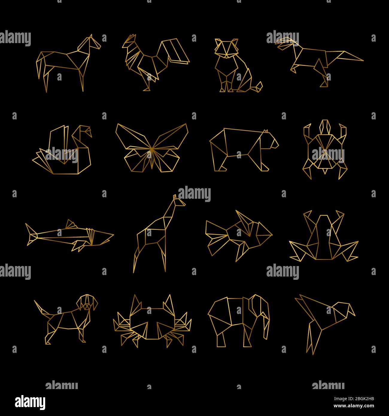 Golden japanese origami paper animals vector line icons of set ...