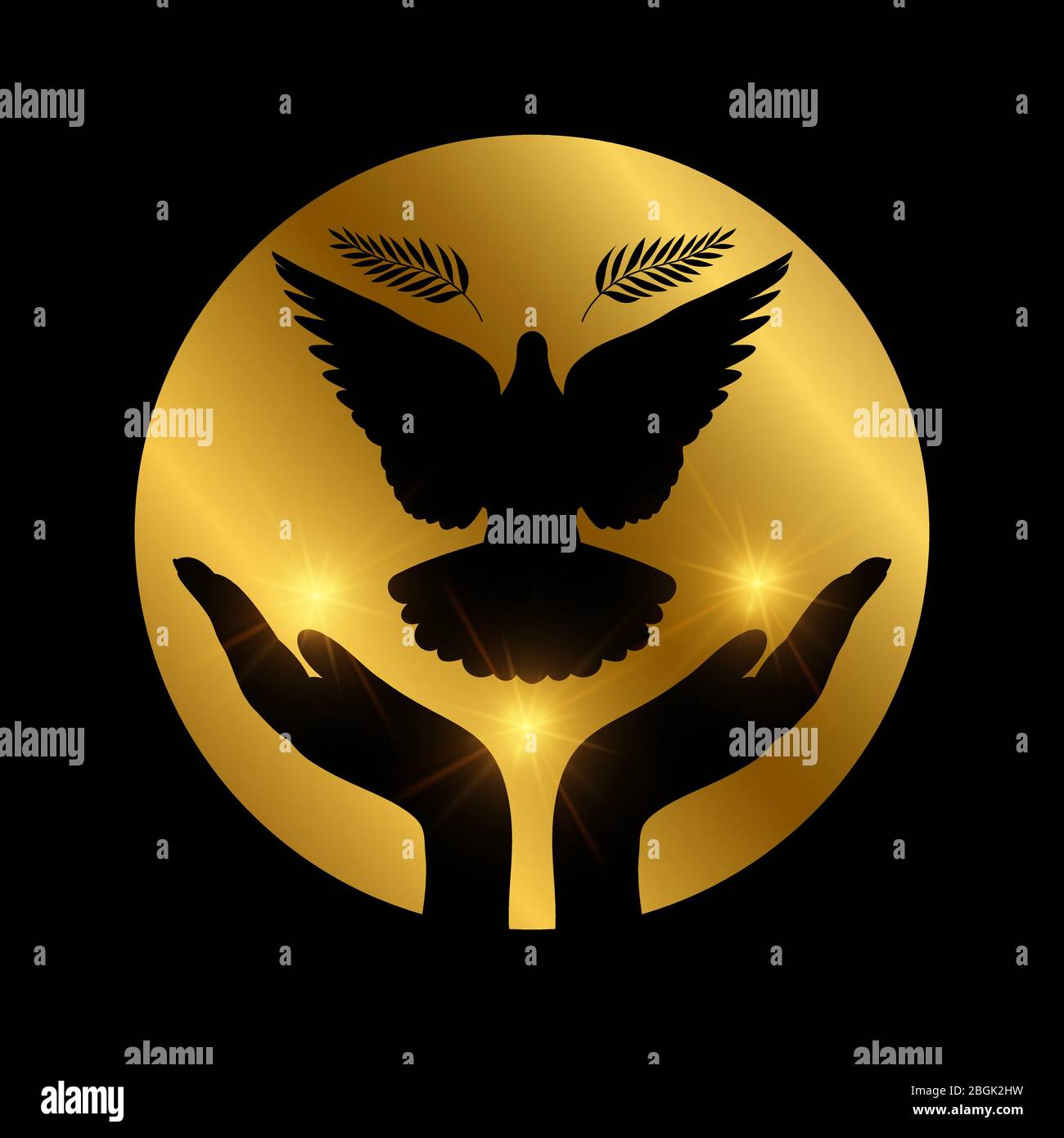 Dove peace flying from hands. Love, freedom and religion faith golden concept. Vector illlustration Stock Vector