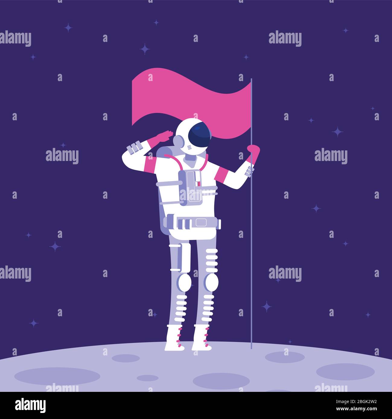 Astronaut on moon. Cosmonaut holging flag on lifeless planet in outer space. Astronautics vector background. Illustration of astronaut on new planet in galaxy Stock Vector