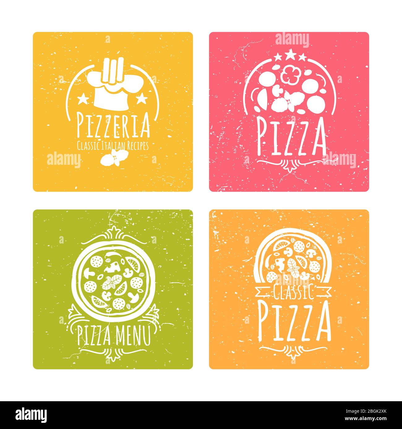 Set of grunge cafe pizzeria labels or badges. Banners with vector doodle pizza elements. Vector illustration Stock Vector