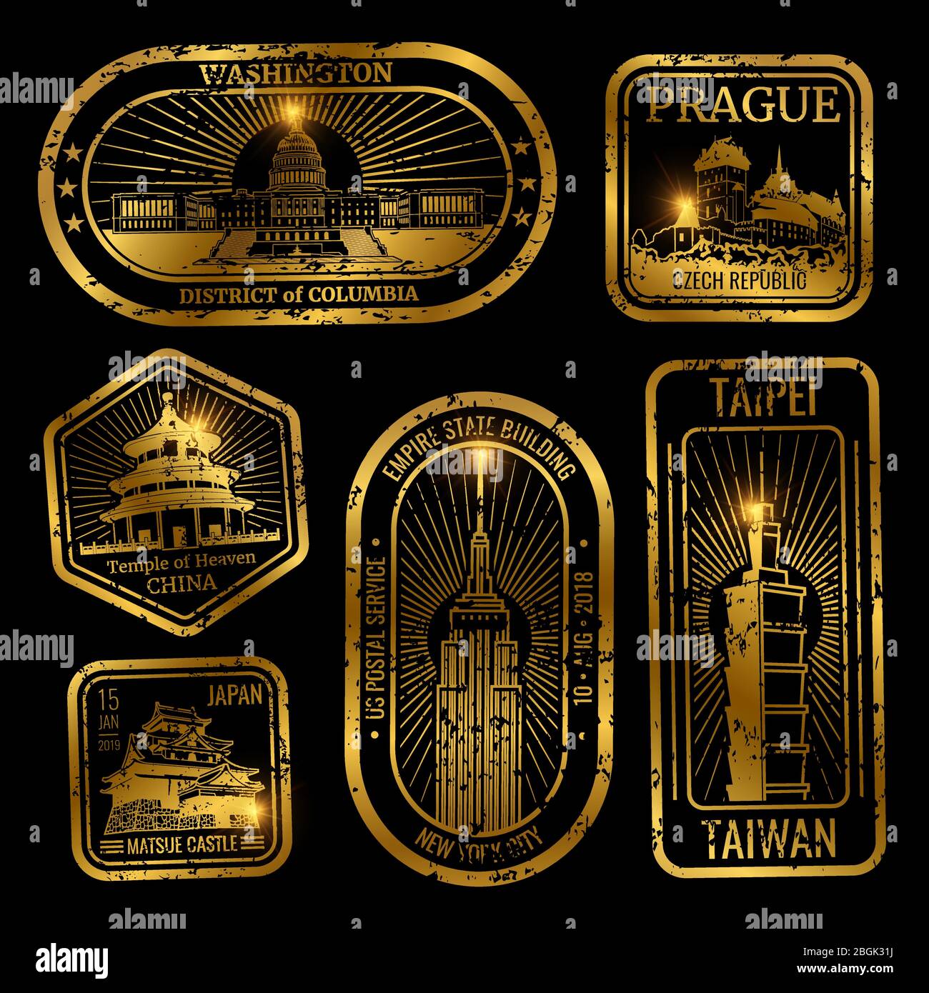 Gold vintage travel stamps with major monuments and landmarks isolated on black illustration Stock Vector