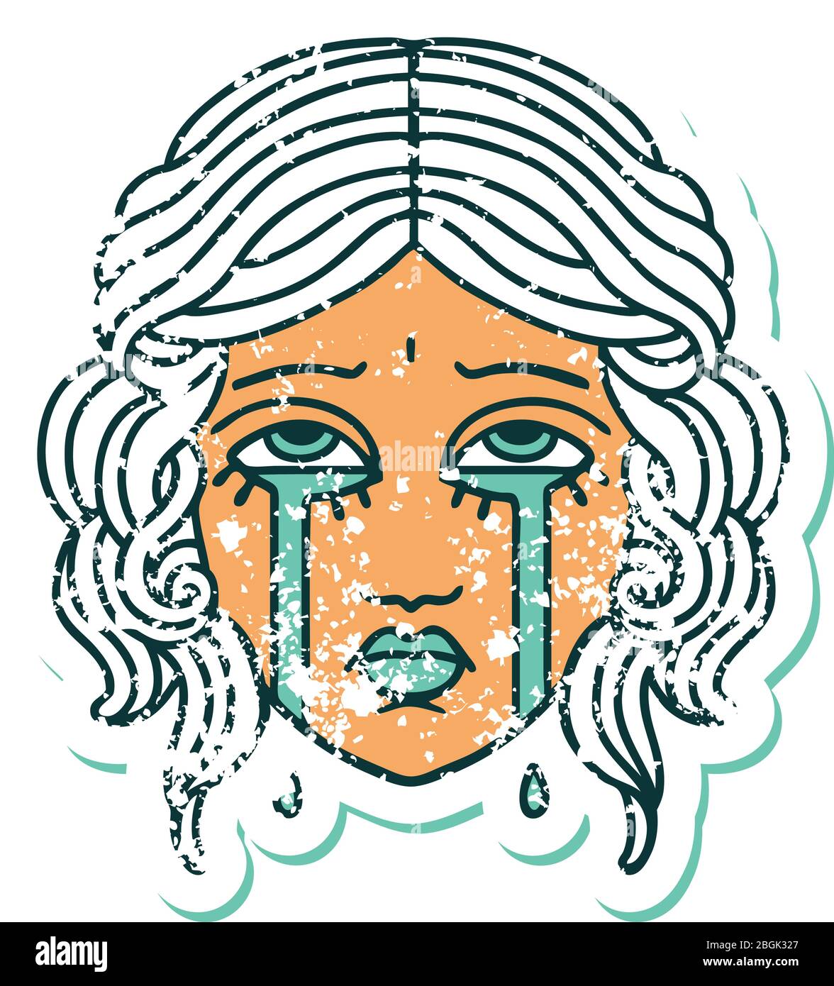 iconic distressed sticker tattoo style image of female face crying ...