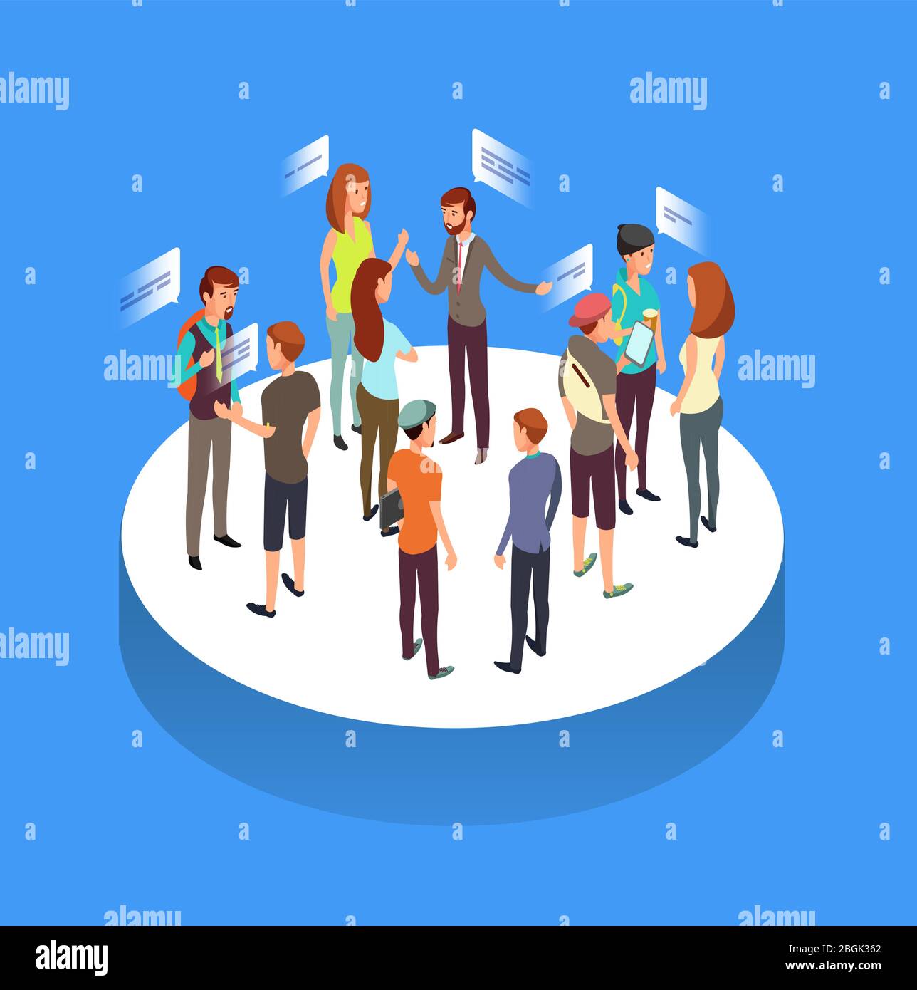 Internet forum. People communication, talking friends and society isometric vector concept. Society connect and discussion illustration Stock Vector