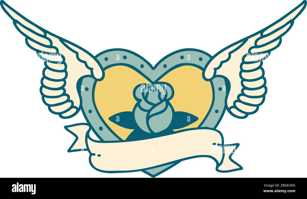 iconic tattoo style image of a flying heart with flowers and banner ...