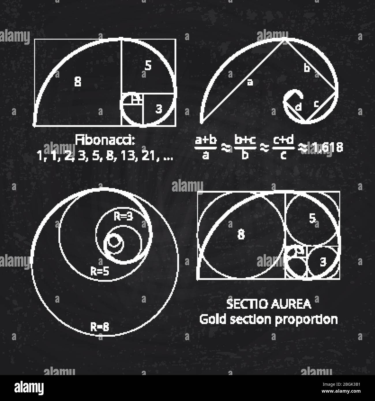 Scheme of golden ratio section, fibonacci spiral on blackboard vector illustration. Geometric harmony, spiral line Stock Vector