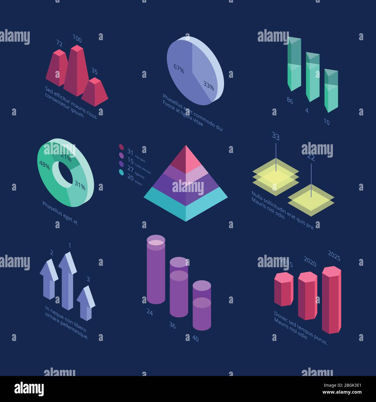 Isometric 3d business statistics data charts, percentage diagram, financial growth graphics. Vector info screen panel. Illustration of chart infographic bar, concept data and diagram Stock Vector
