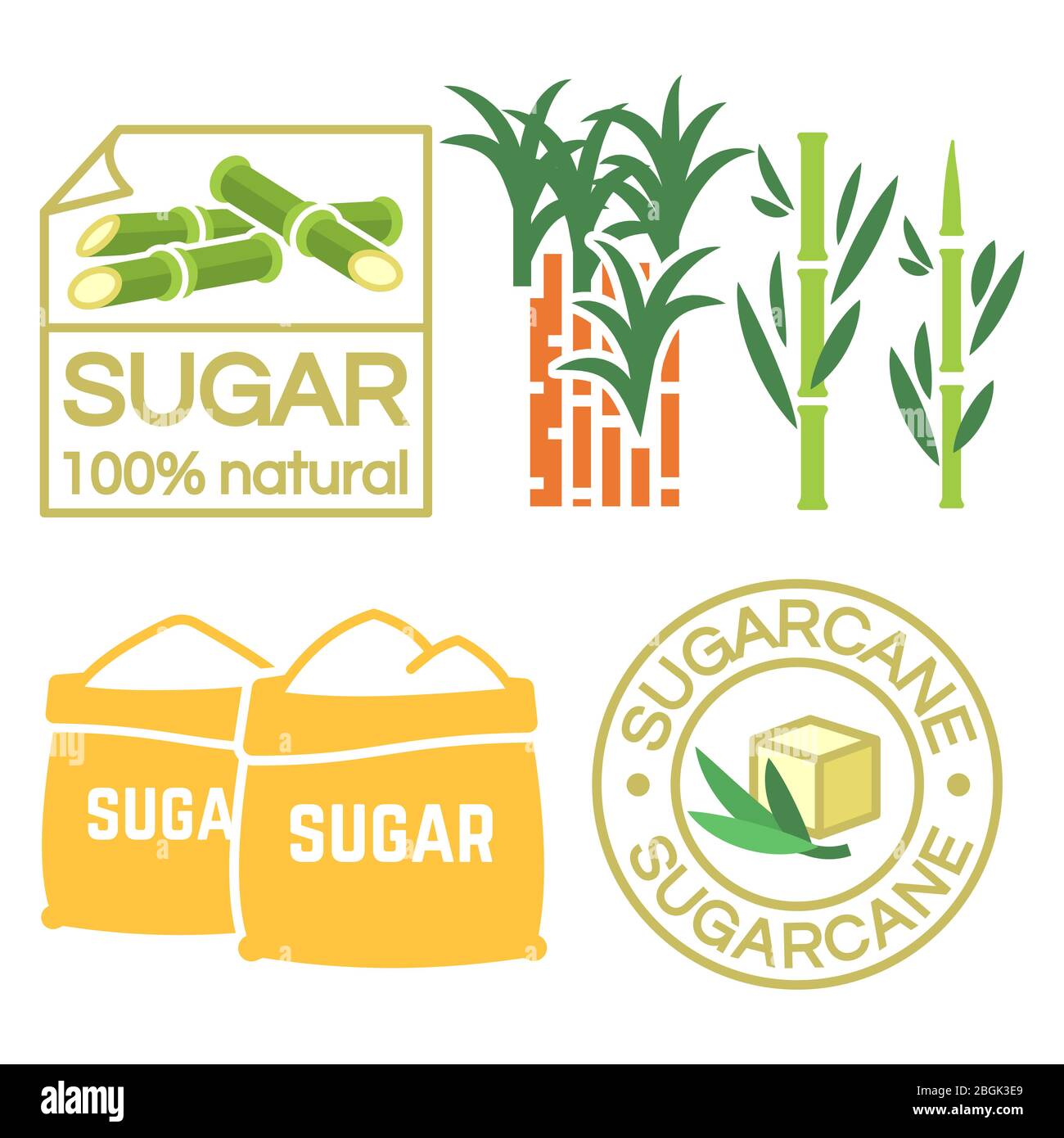 Sugar and sugar cane labels, icons isolated on white vector illustration Stock Vector