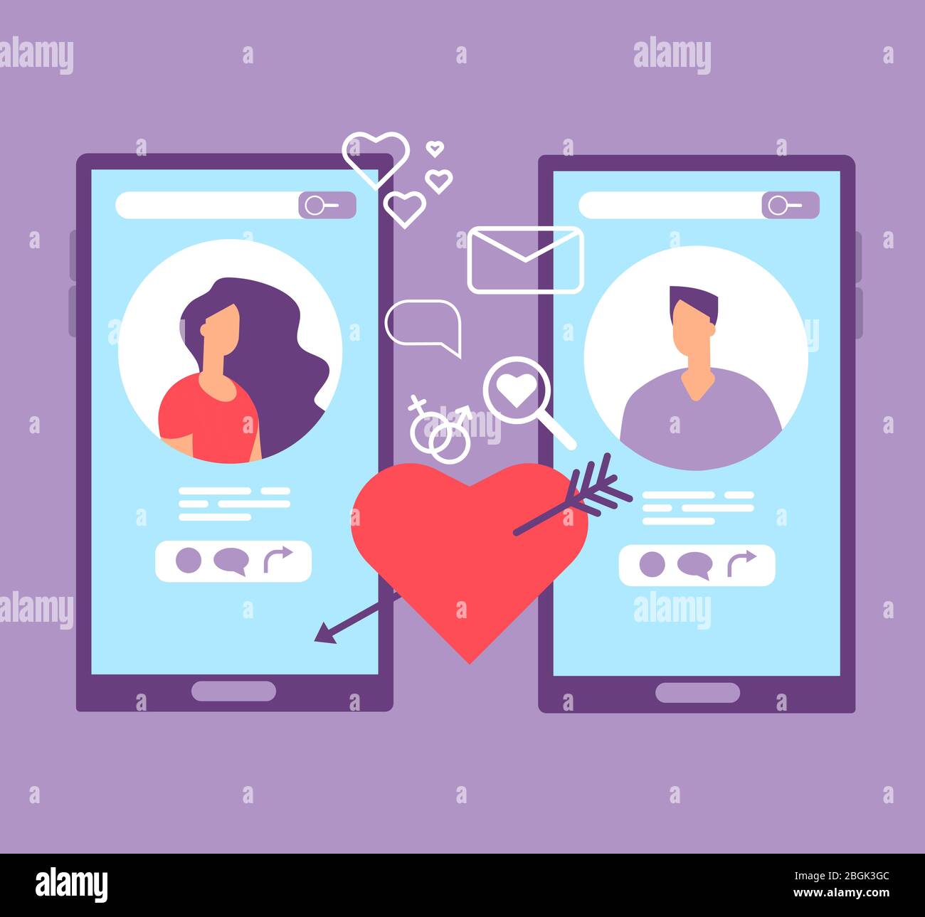 Romance online dating. Loving couple on screens of mobile phones. Dating applications vector concept. Illustration of dating online, couple love in social network Stock Vector