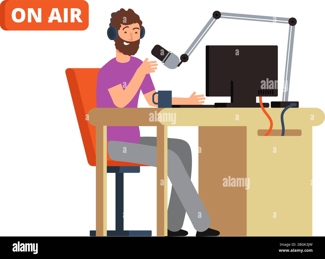 Broadcast in radio studio. Broadcasting person with microphone and headphones. Cartoon vector illustration. Broadcasting studio and radio dj with mic Stock Vector
