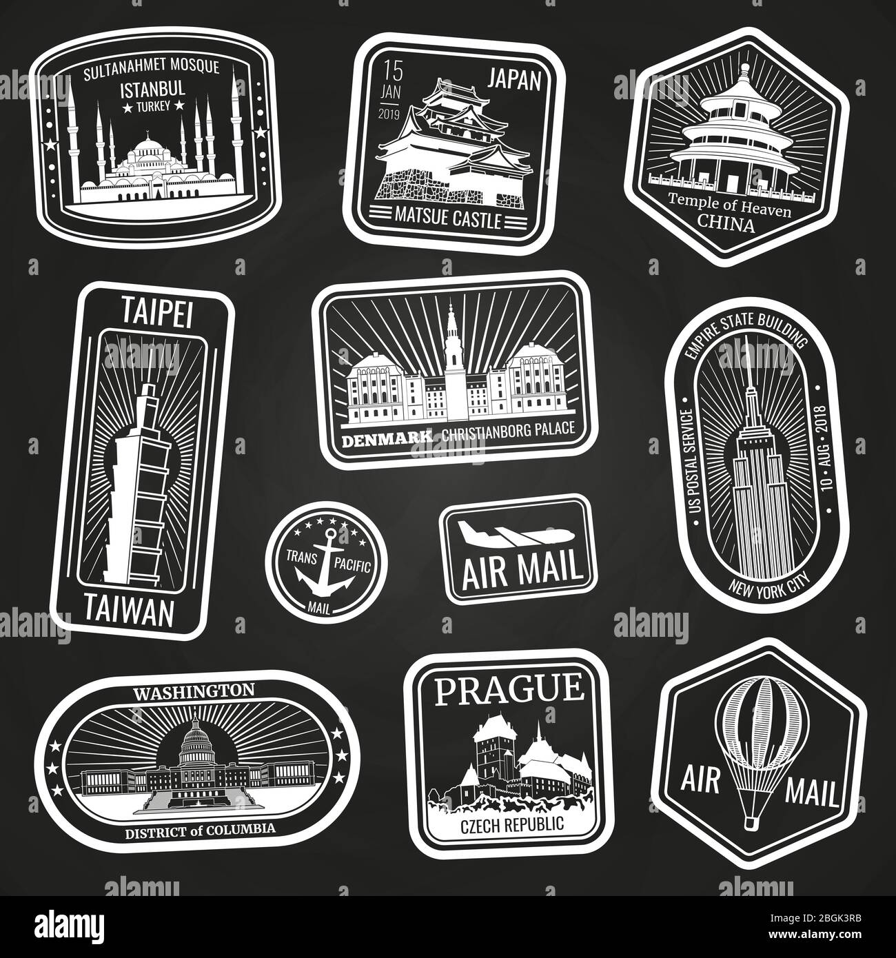 White travel stamps with major monuments and landmarks vector set on black background. Vector illustration Stock Vector