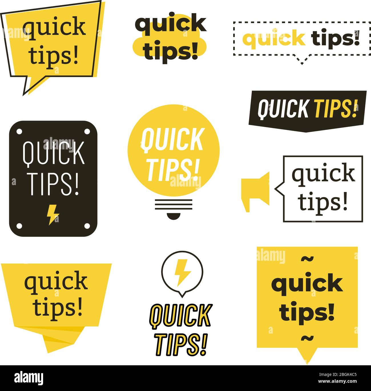 Quick tips, helpful tricks vector logos, emblems and banners vector set isolated. Helpful idea, solution and trick illustration Stock Vector