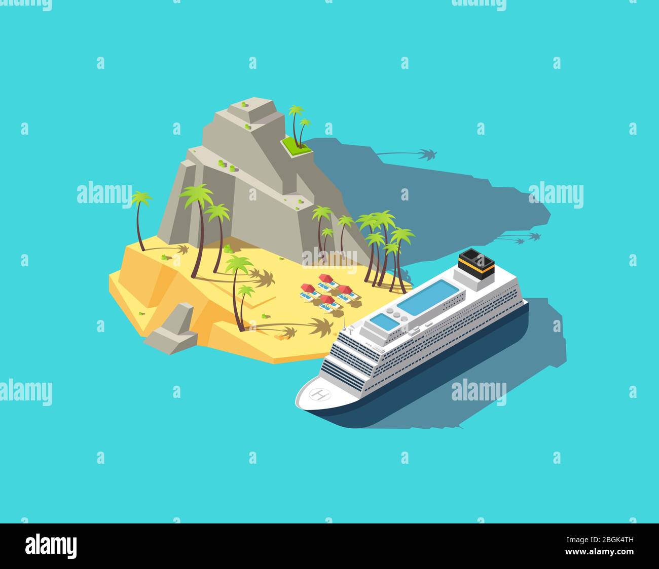 Isometric island. Paradise in ocean. 3d beach in sea. Summer holiday vector concept. Palm and beach, tropical island travel, summer paradise illustration Stock Vector