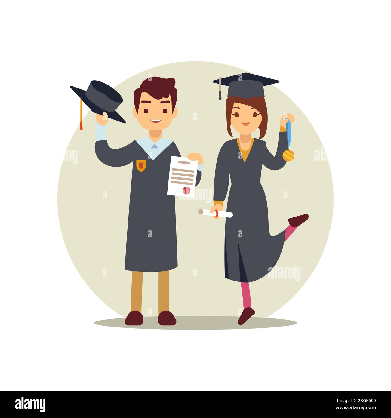 Girl and boy graduates cartoon character. Finish education school, university or college. Vector illustration Stock Vector