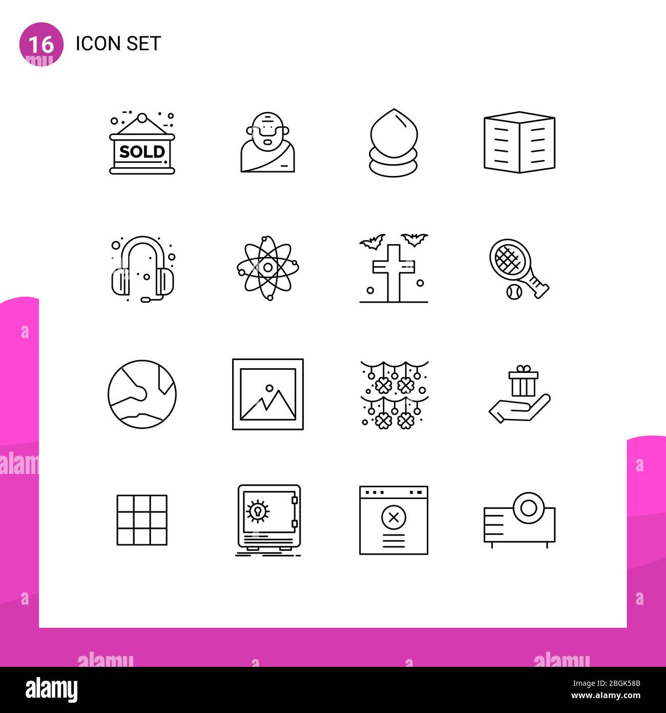 Group of 16 Outlines Signs and Symbols for communications, housing society, drop, city building, apartments Editable Vector Design Elements Stock Vector