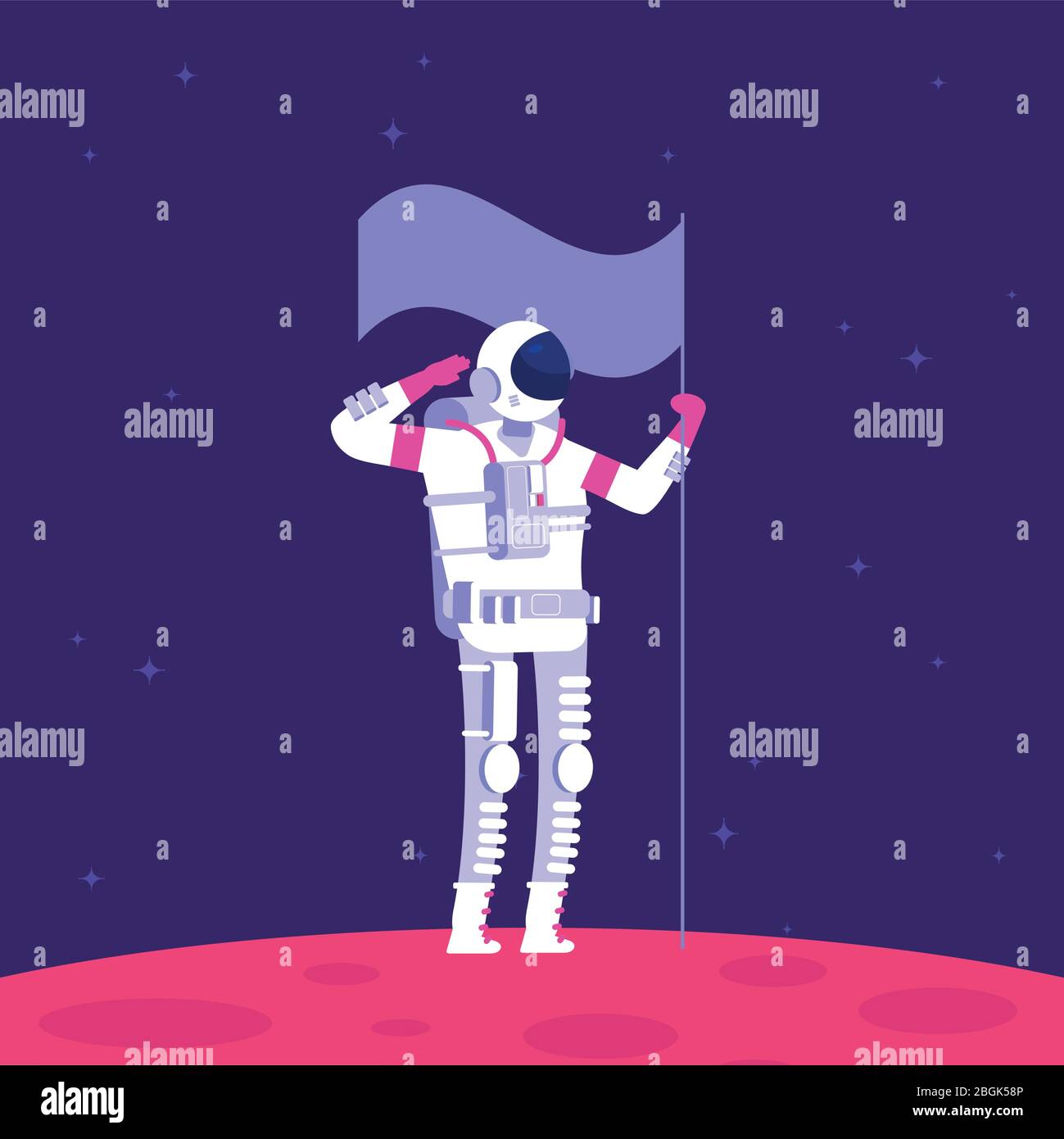 Mars colonization. Astronaut holging flag on red planet in outer space. Mars project astronautics vector concept. Illustration of astronaut spaceman exploration mission Stock Vector