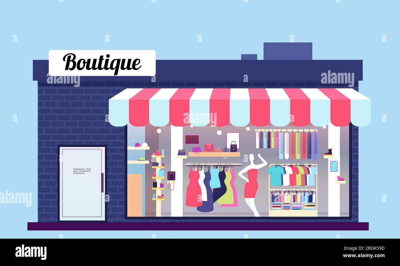 Fashion store exterior. Beauty shop boutique exterior with storefront and clothes. Vector illustration. Store, boutique and storefront window facade Stock Vector