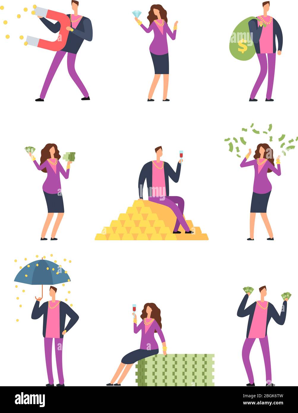Rich luxury people spending money. Happy wealthy man, millionaire vector cartoon characters set isolated. Finance cash, gold coins financial illustration Stock Vector
